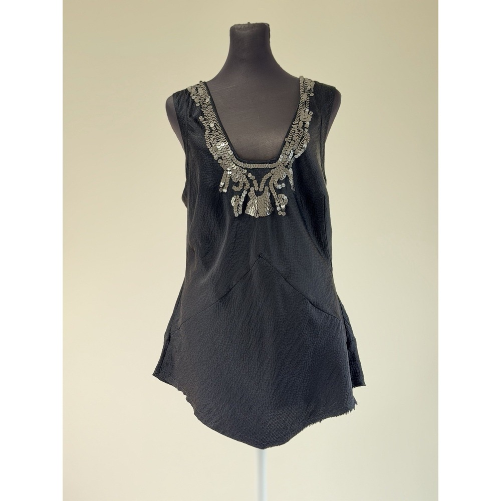 Vtg YaYa Aflalo Y2K Black Silk Sequin Open Back Asymmetrical Boho Tank Top